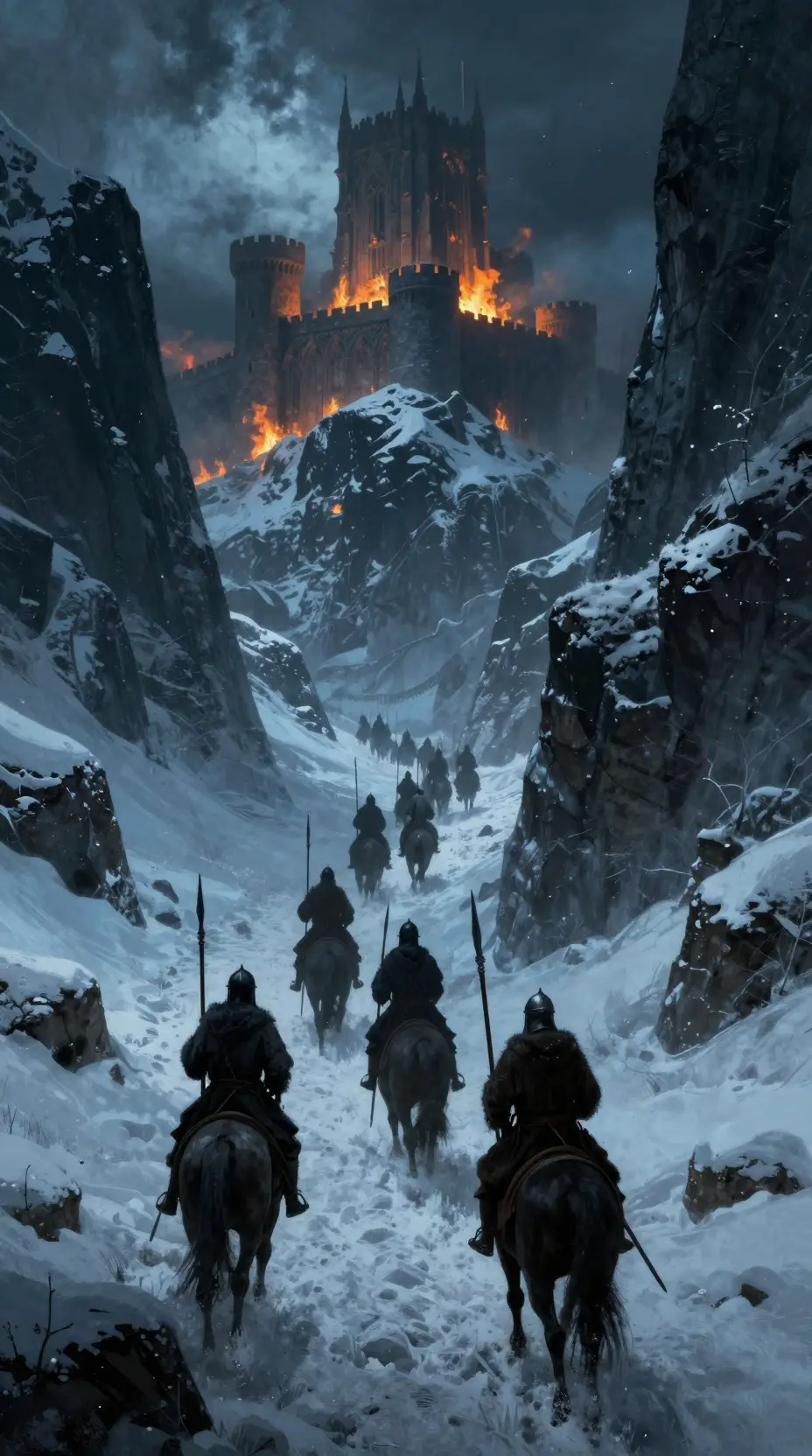 Mounted warriors ascending a snowy pass toward burning fortress