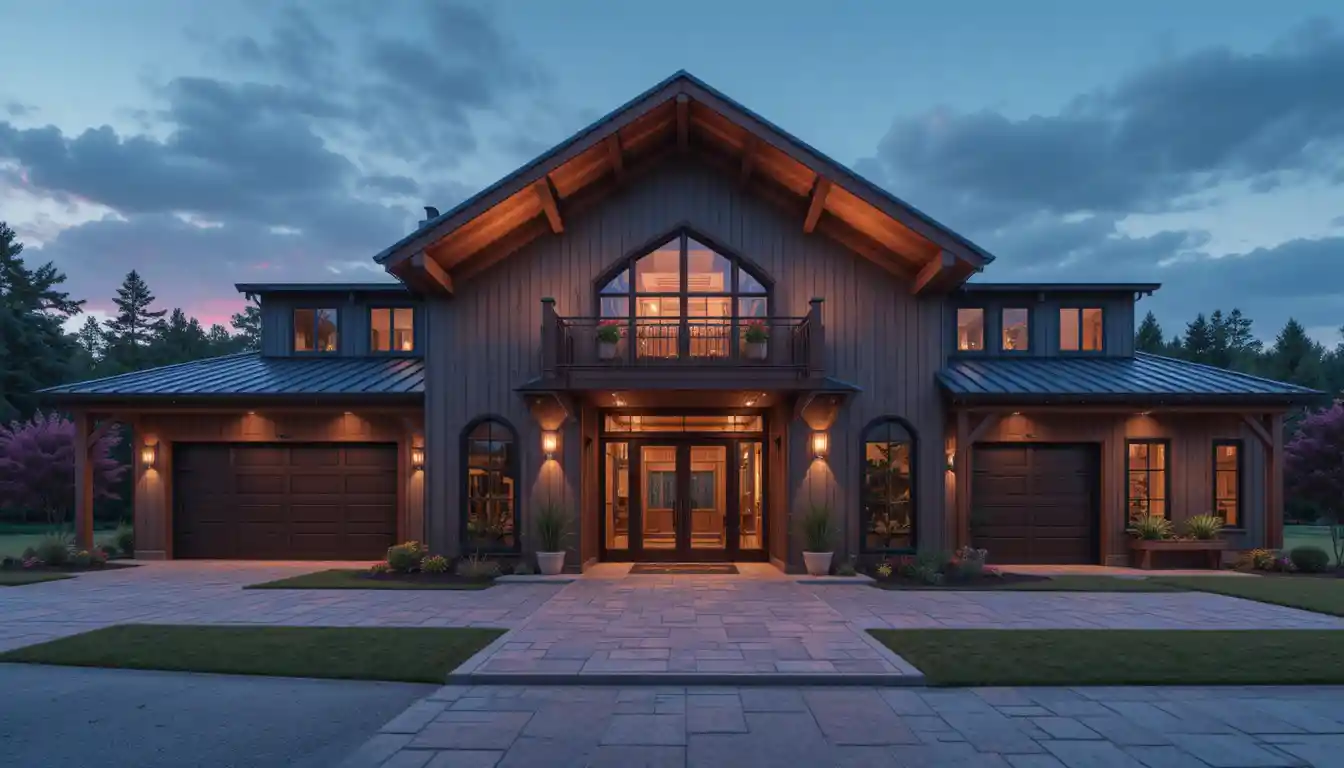 Casa moderna in stile fienile cinematografica con vivace illuminazione HDR