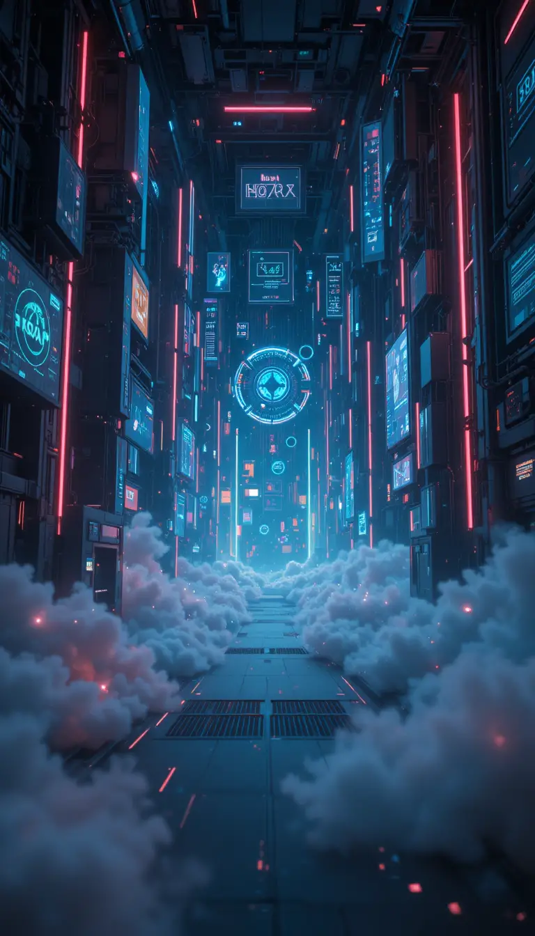 発光する回路とホログラフィックシンボルが広がる未来的サイバースペース