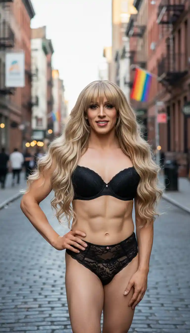 Confident Scandinavian trans woman on Christopher Street in lingerie