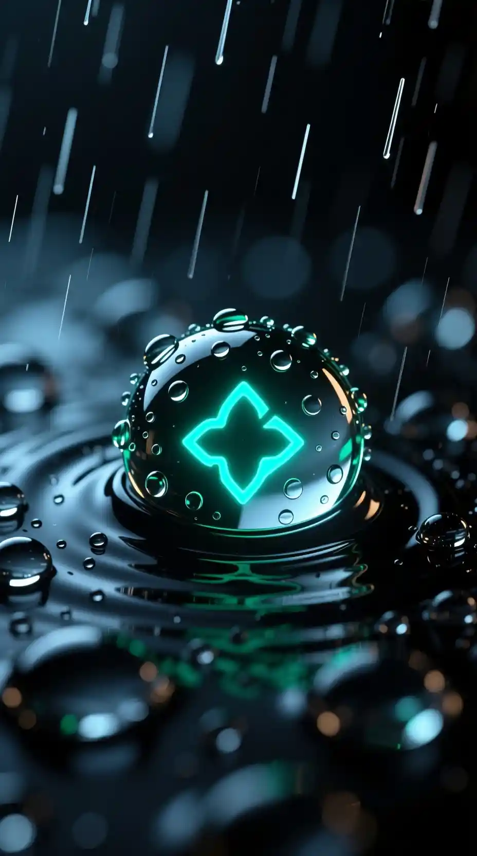 Neon code rain droplets with glowing symbols in darkness