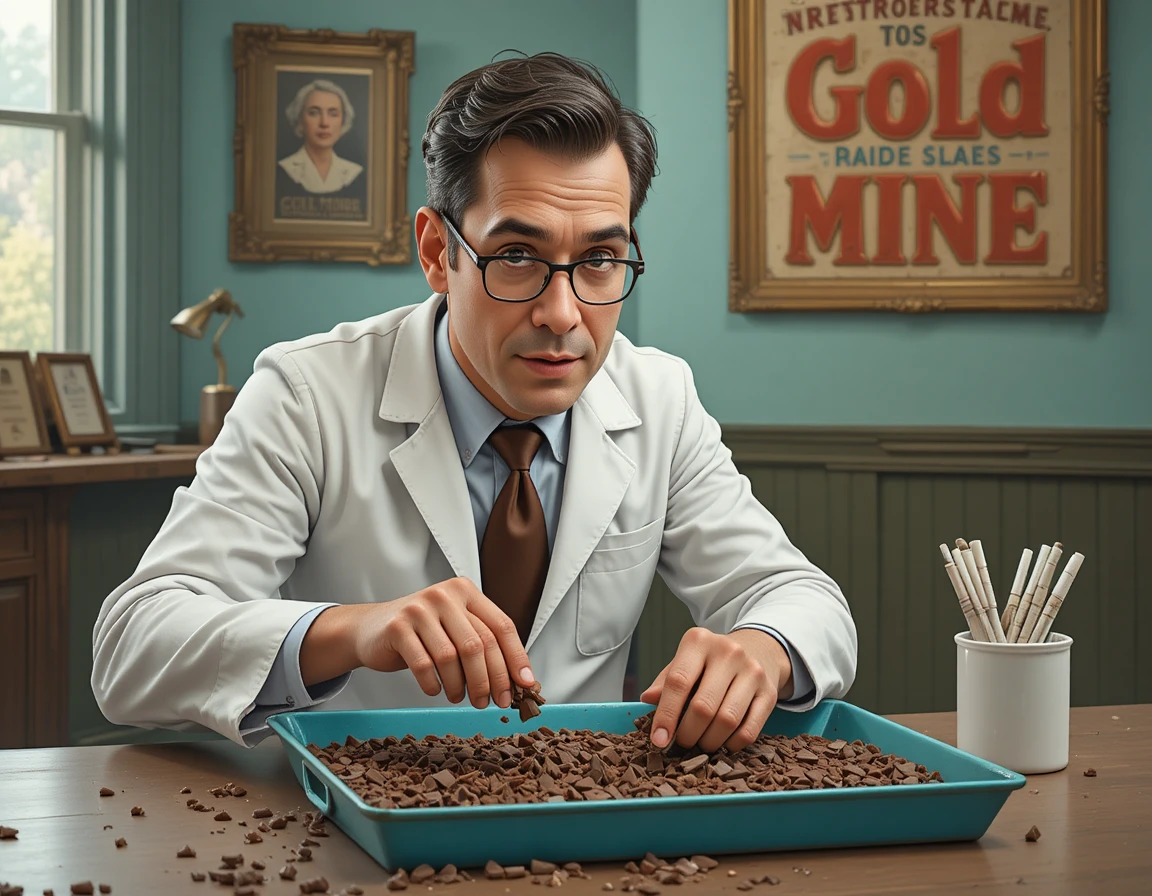 Scientist sorting chocolate pieces in a retro style lab