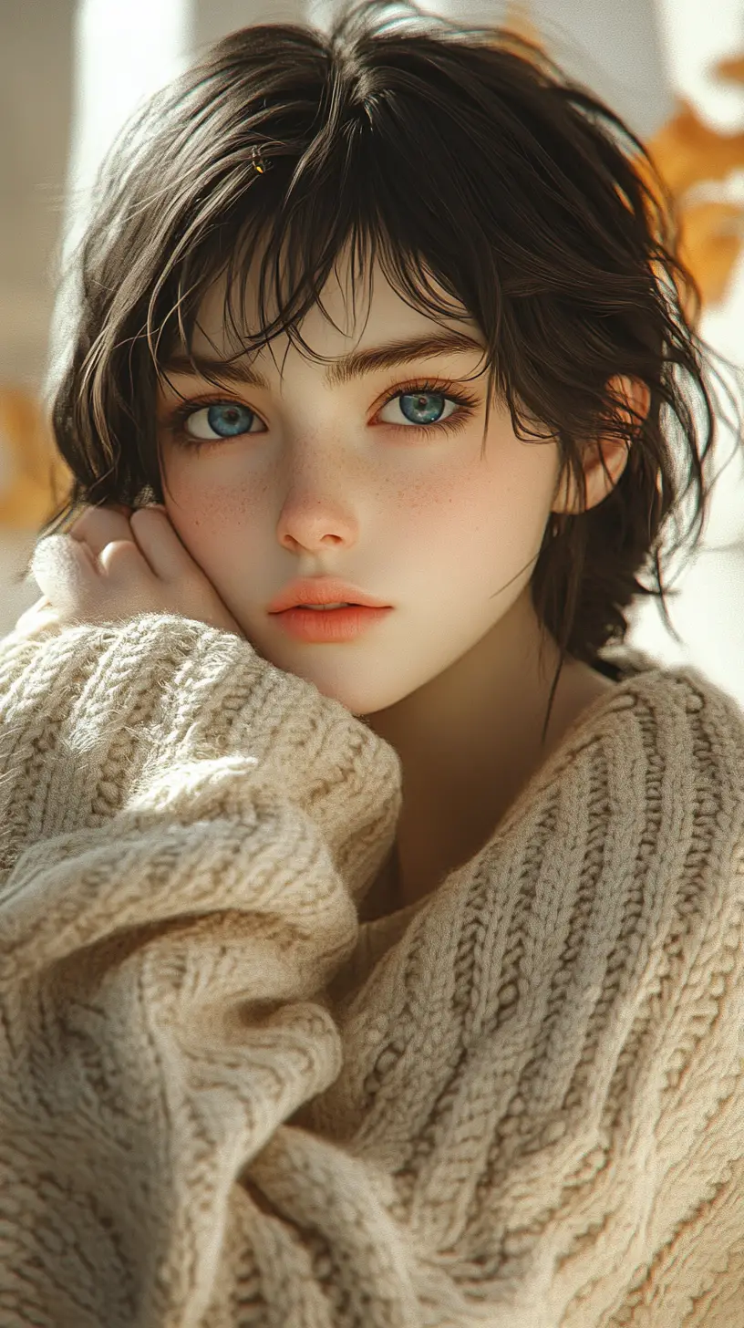 Pensive young woman in sunlight wearing an oversized knit sweater
