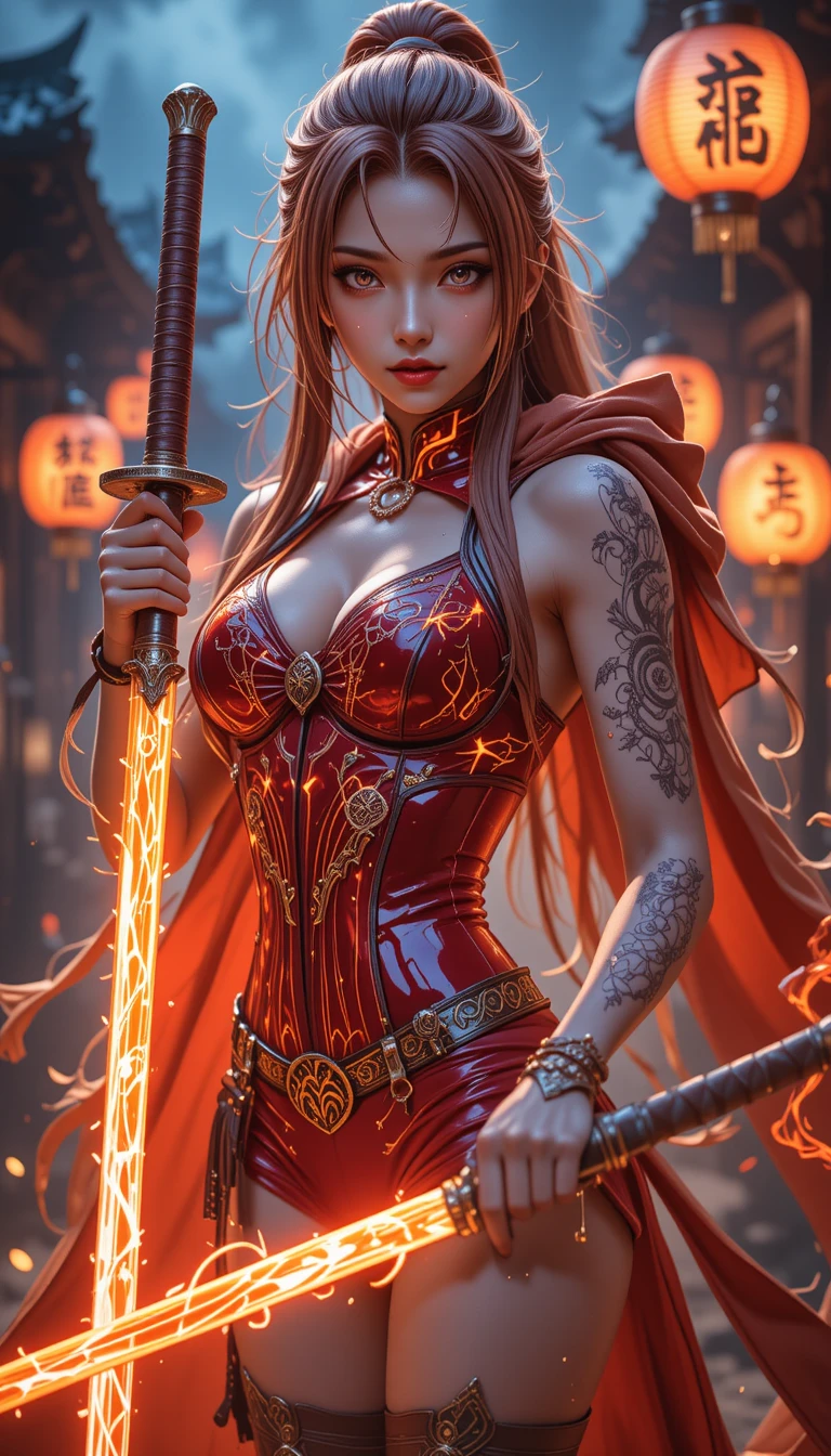 Anime warrior woman with glowing runes in battle stance