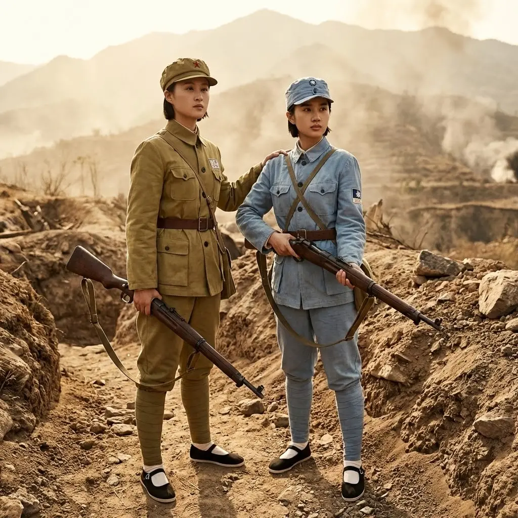 Chinese sisters in opposing 1943 wartime uniforms