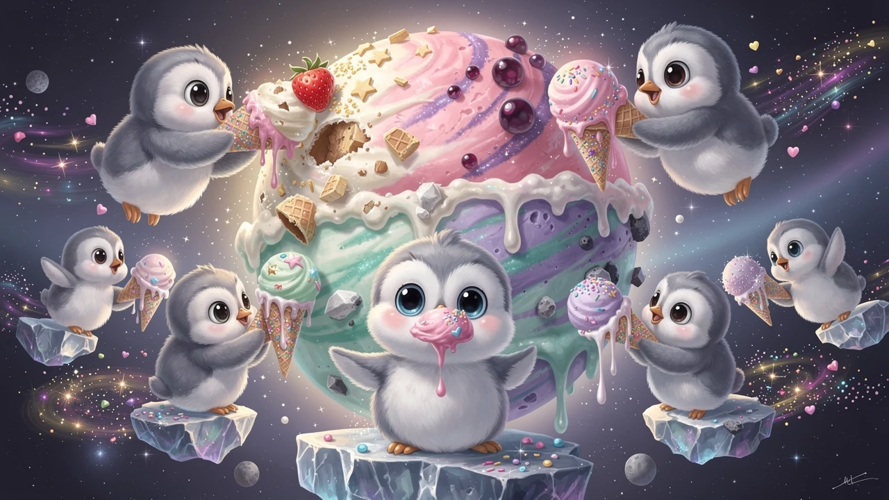 Adorables bébés manchots partageant une comète de glace cosmique lumineuse