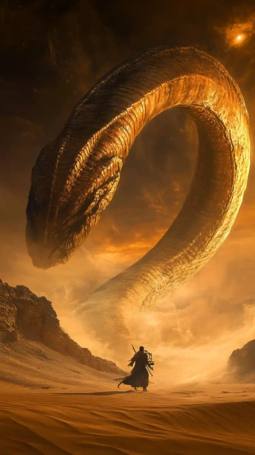 Giant cosmic sandworm with rider over glowing desert dunes