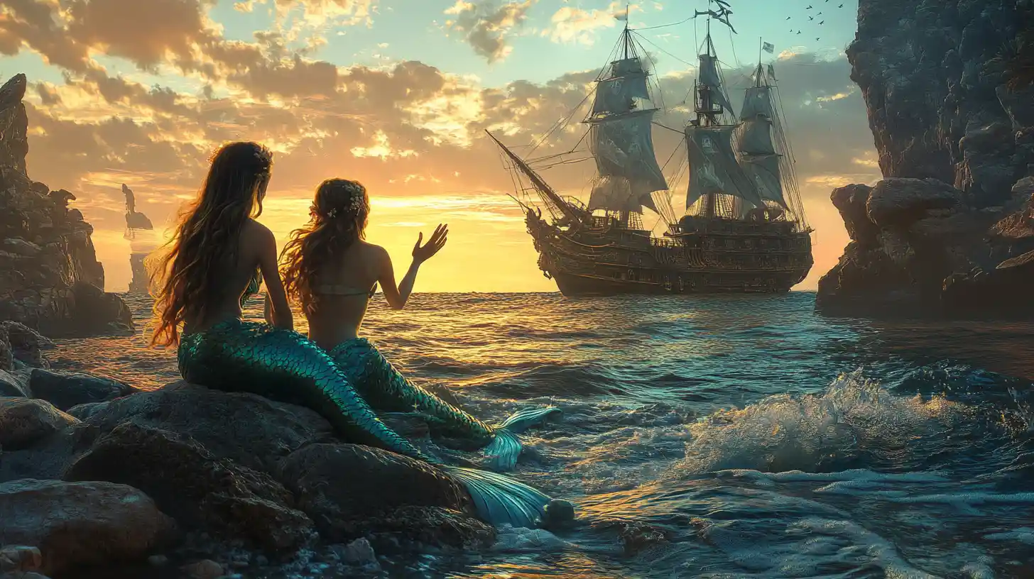 Two mermaids waving from sea rocks toward a pirate ship