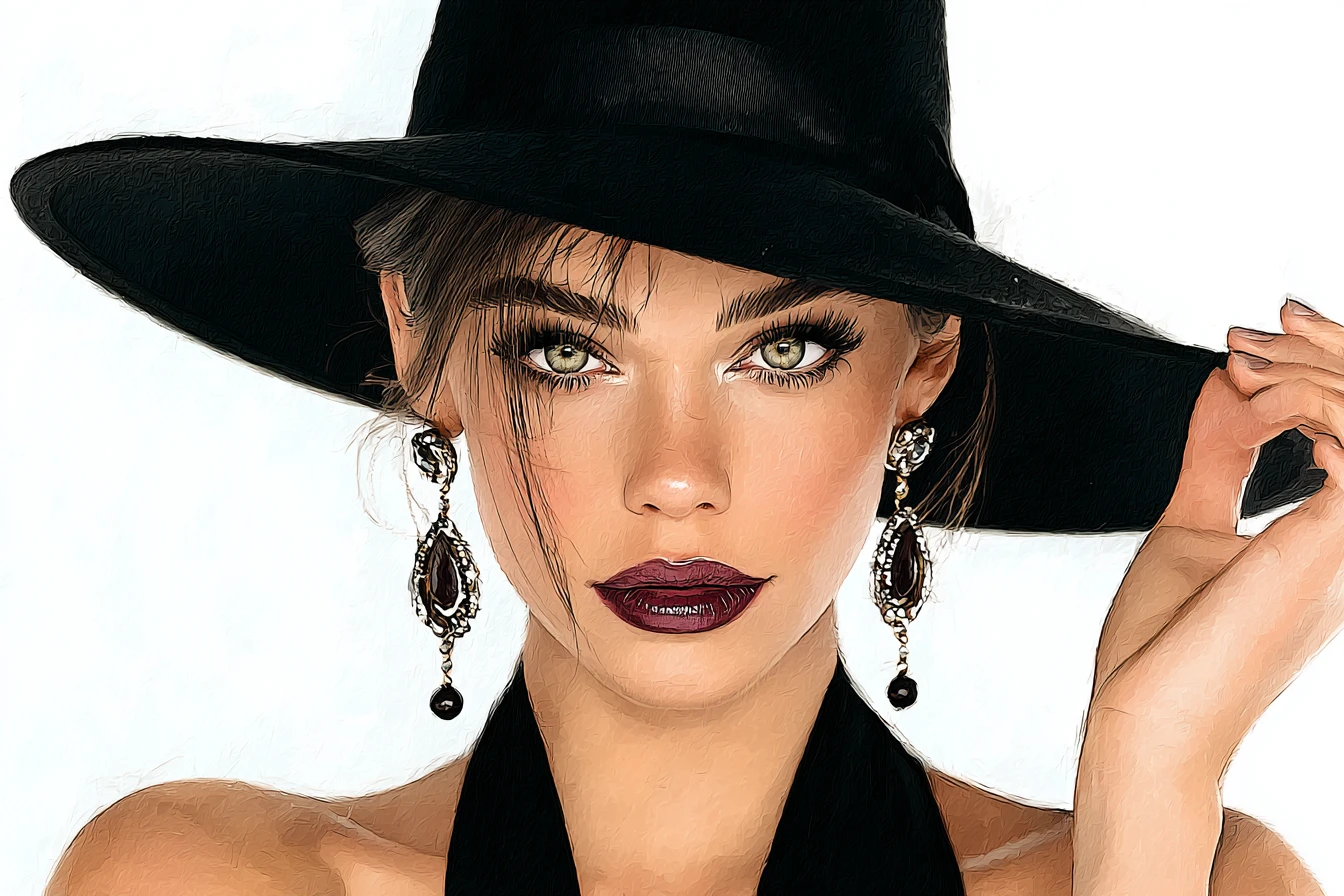 Elegant woman in fedora hat digital fashion portrait