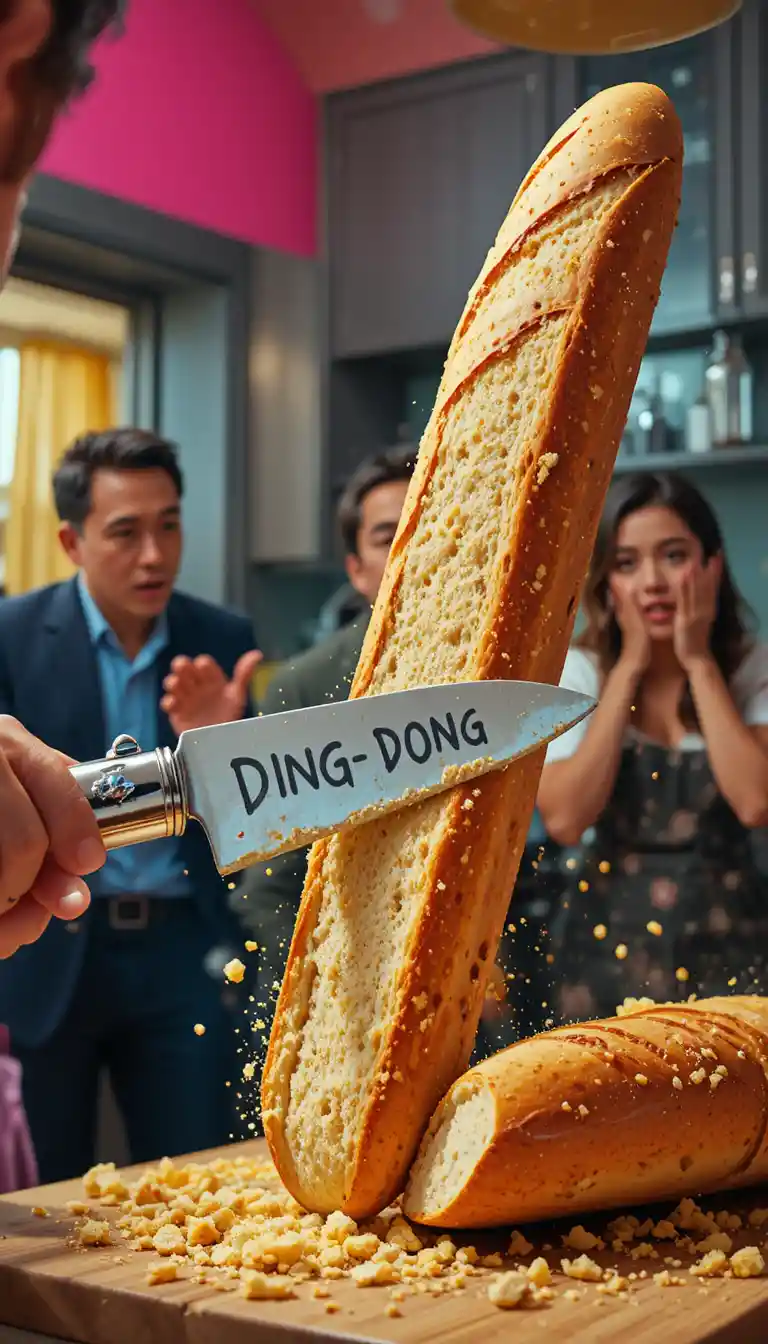Chef suona una campanella da bicicletta montata su un coltello da pane mentre affetta una baguette