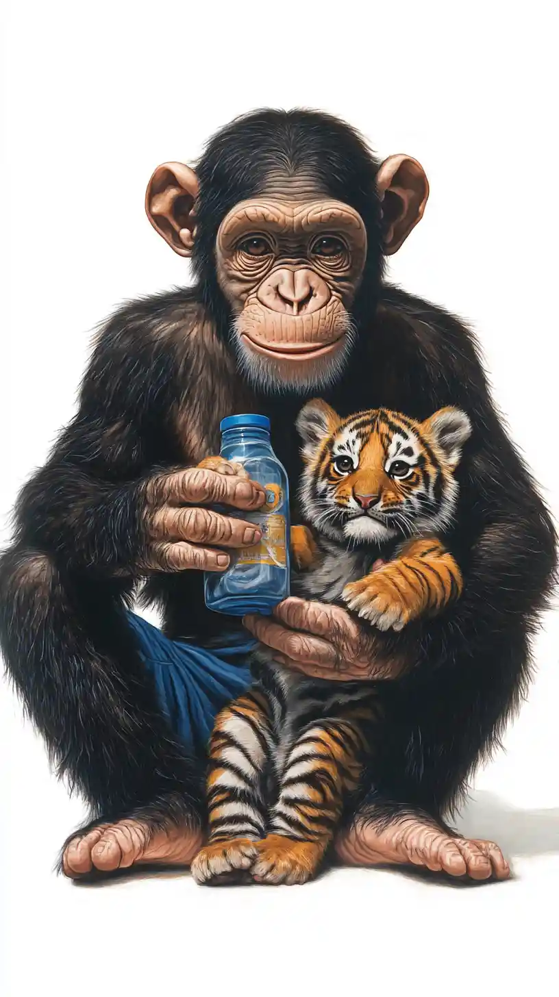 Scimpanzé che nutre dolcemente un cucciolo di tigre su sfondo bianco