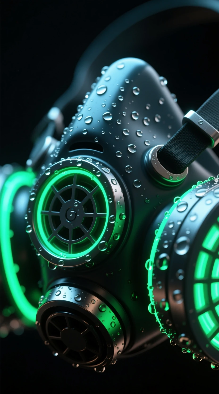 Ultra close up neon respirator mask glowing in the dark