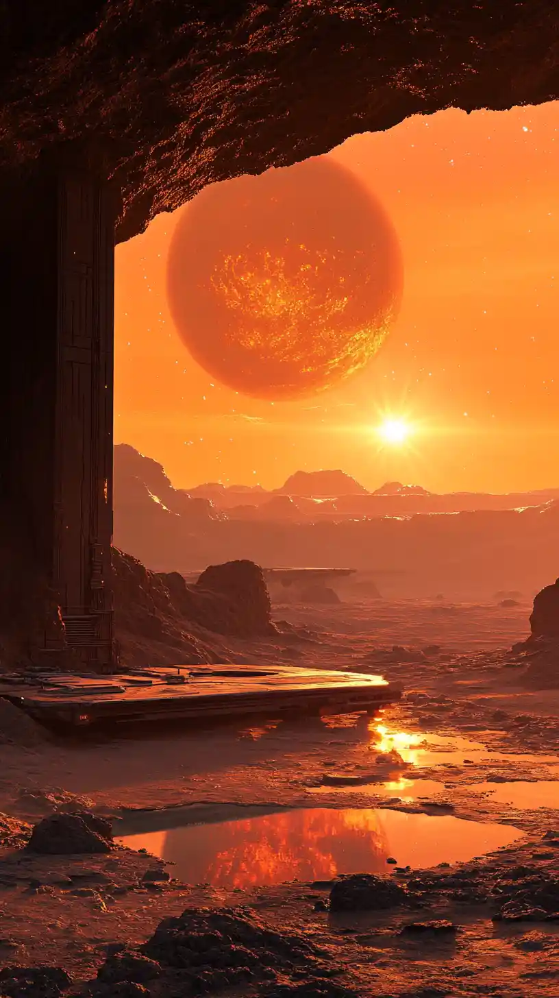 Abandoned Space Docking Bay At Binary Sunset On Desert World