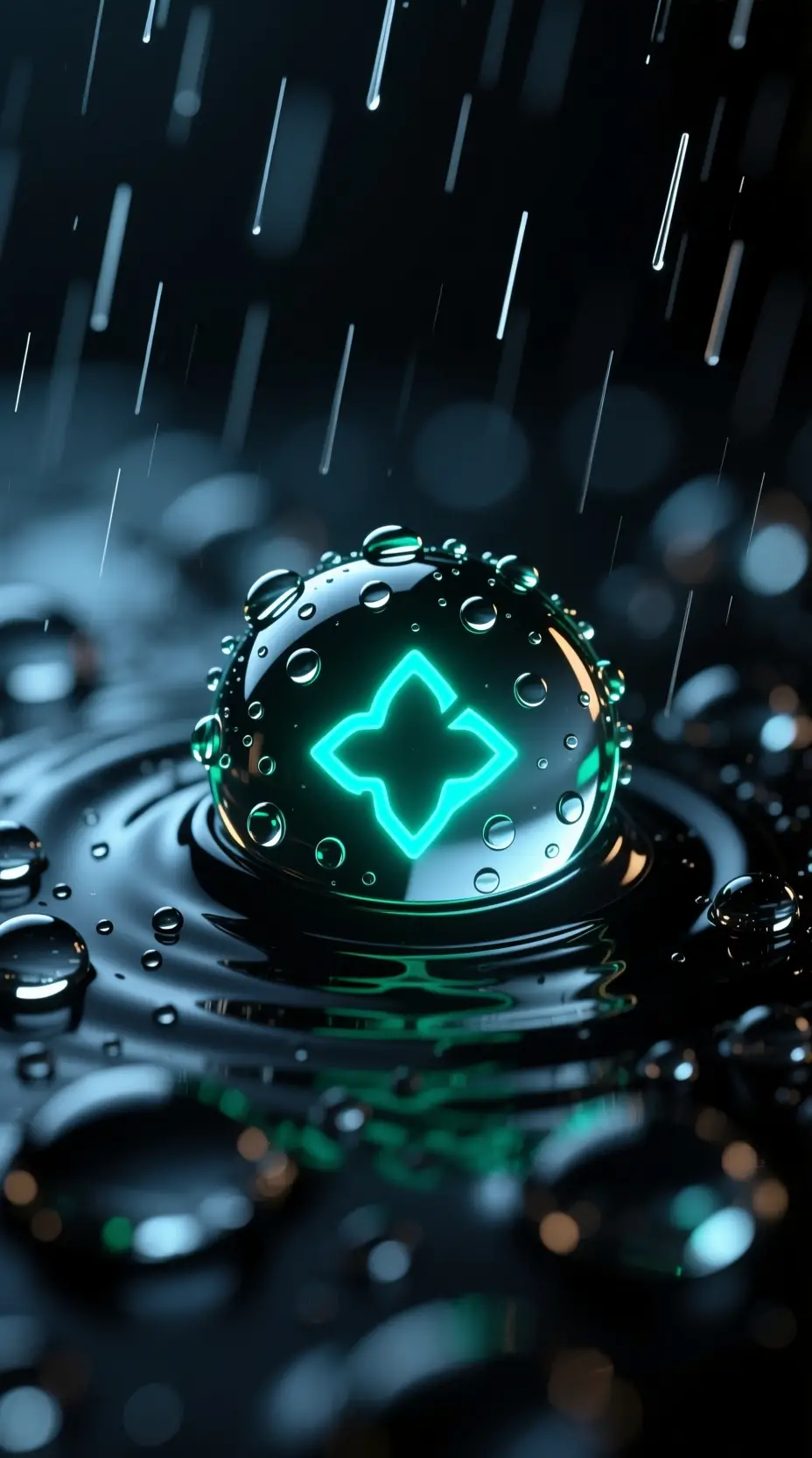 Neon code rain droplets with glowing symbols in darkness