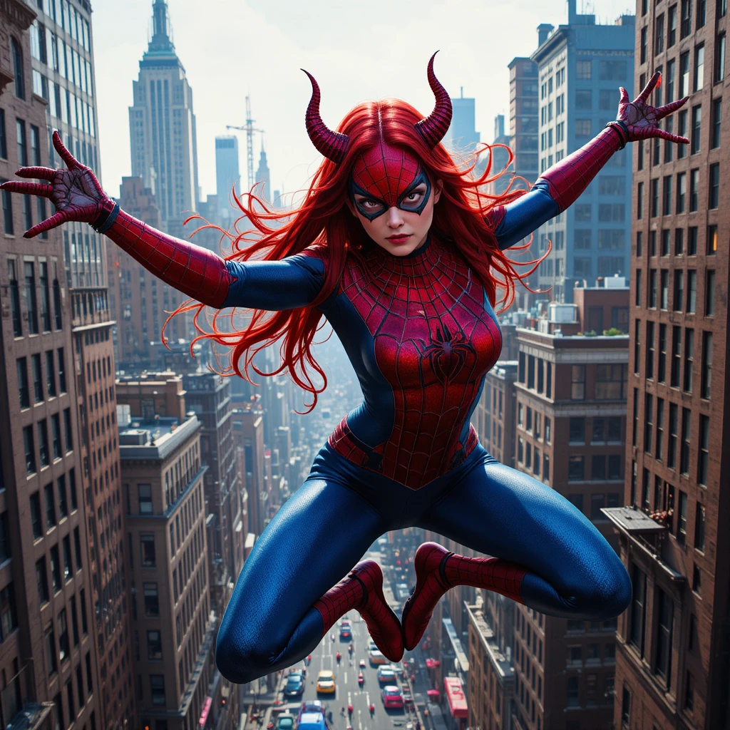 Donna diabolica in tuta da ragno che oscilla sopra Manhattan