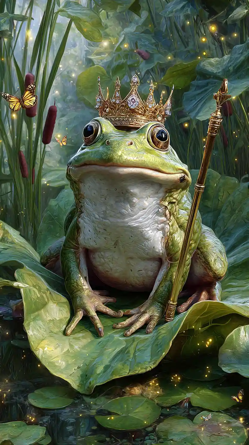 Regal frog prince on a lily throne in a quiet pond