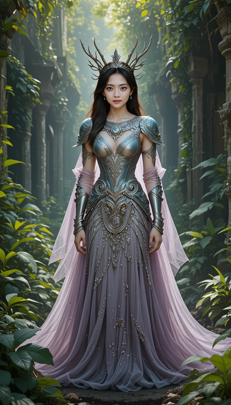 Regal armored woman in an ancient temple garden