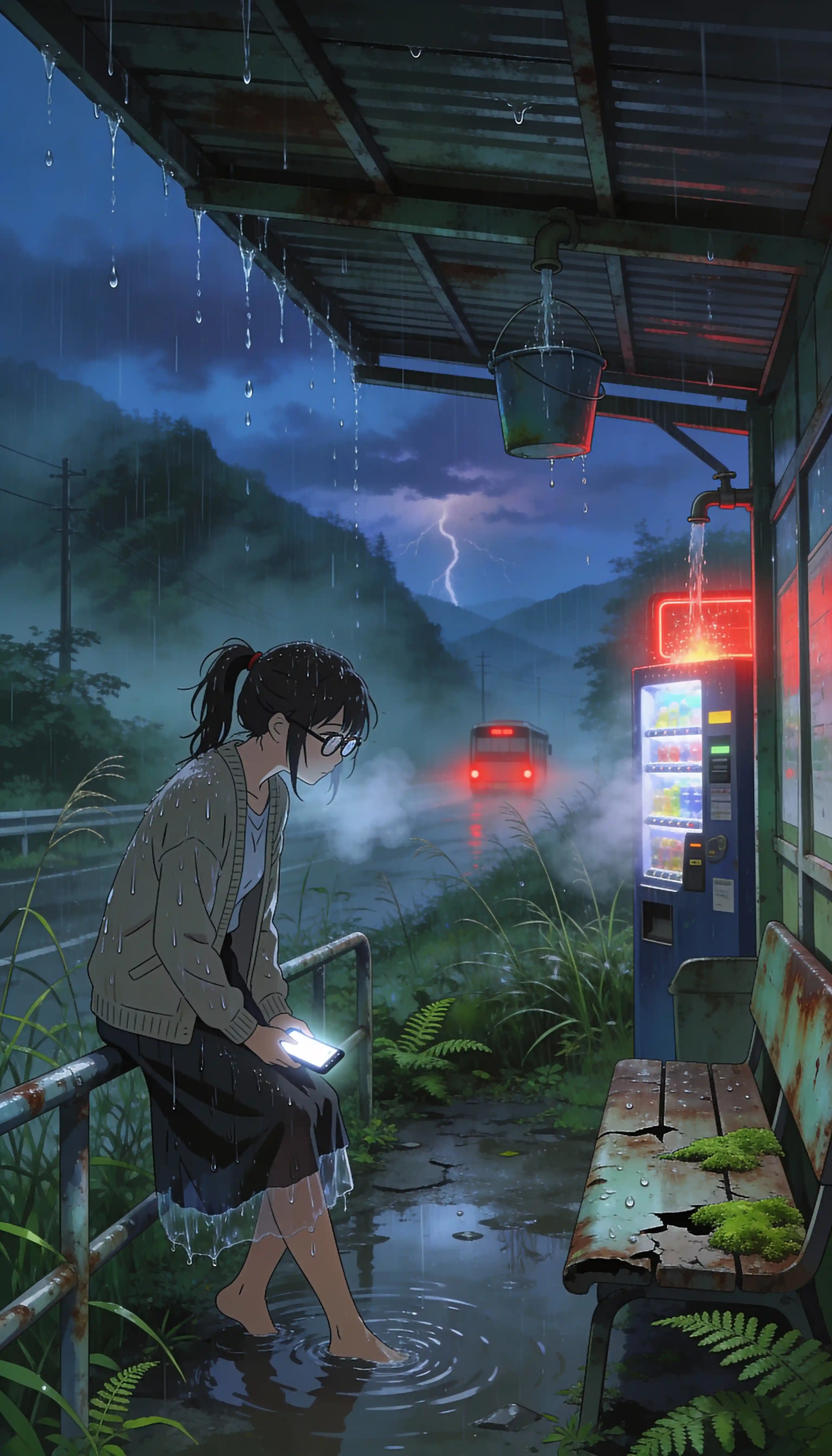 Drenched woman waiting alone at a rural bus stop