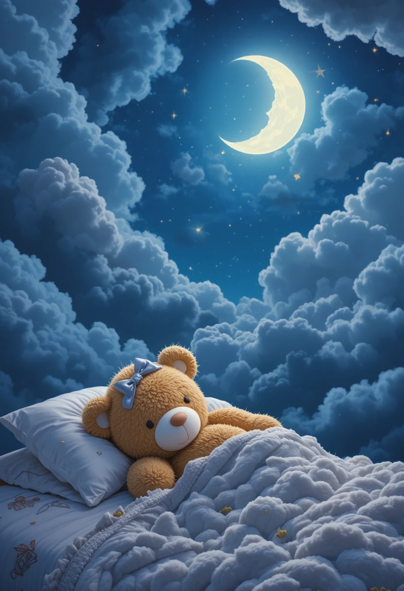 Schlafender Teddybär auf einem gemütlichen Bett in der Nacht