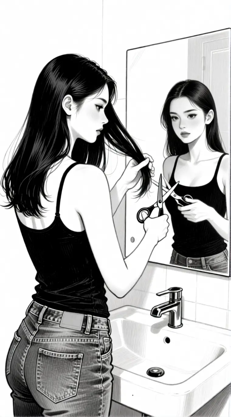 Girl Portrait Reflected In A Mirror With Shifted Hair