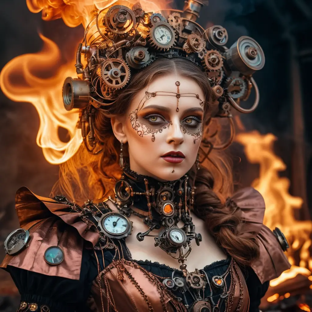 Young female cyborg in lavish victorian inspired attire