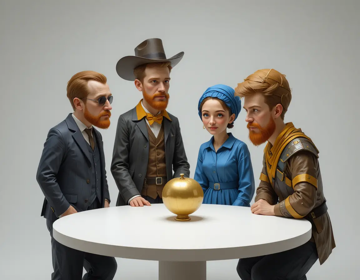 Four low poly characters stare at a single gold bar