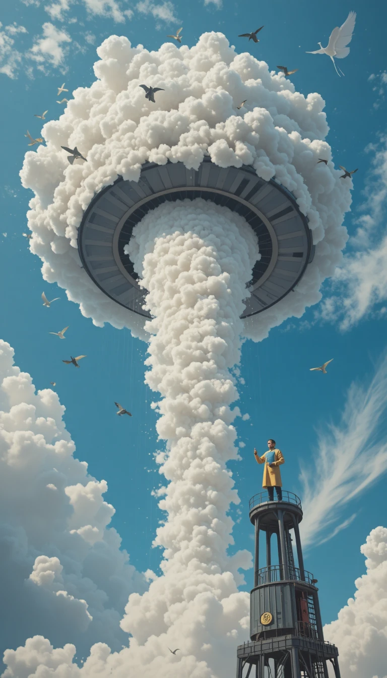 Futuristischer Staubsauger, der flauschige Wolken vom Himmel saugt