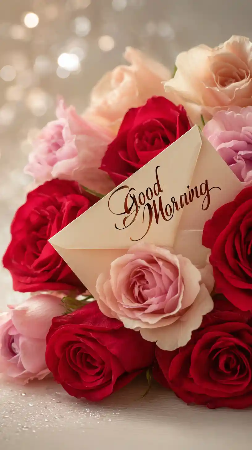 Elegante Rosen im Umschlag mit Morgen-Grußkarte