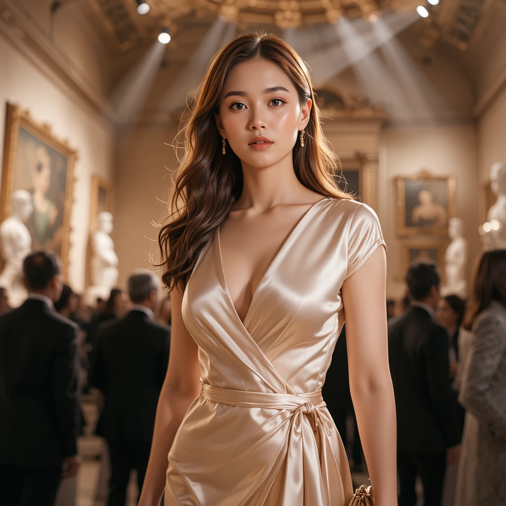 Elegante socialite coreana in abito incrociato color champagne a un gala