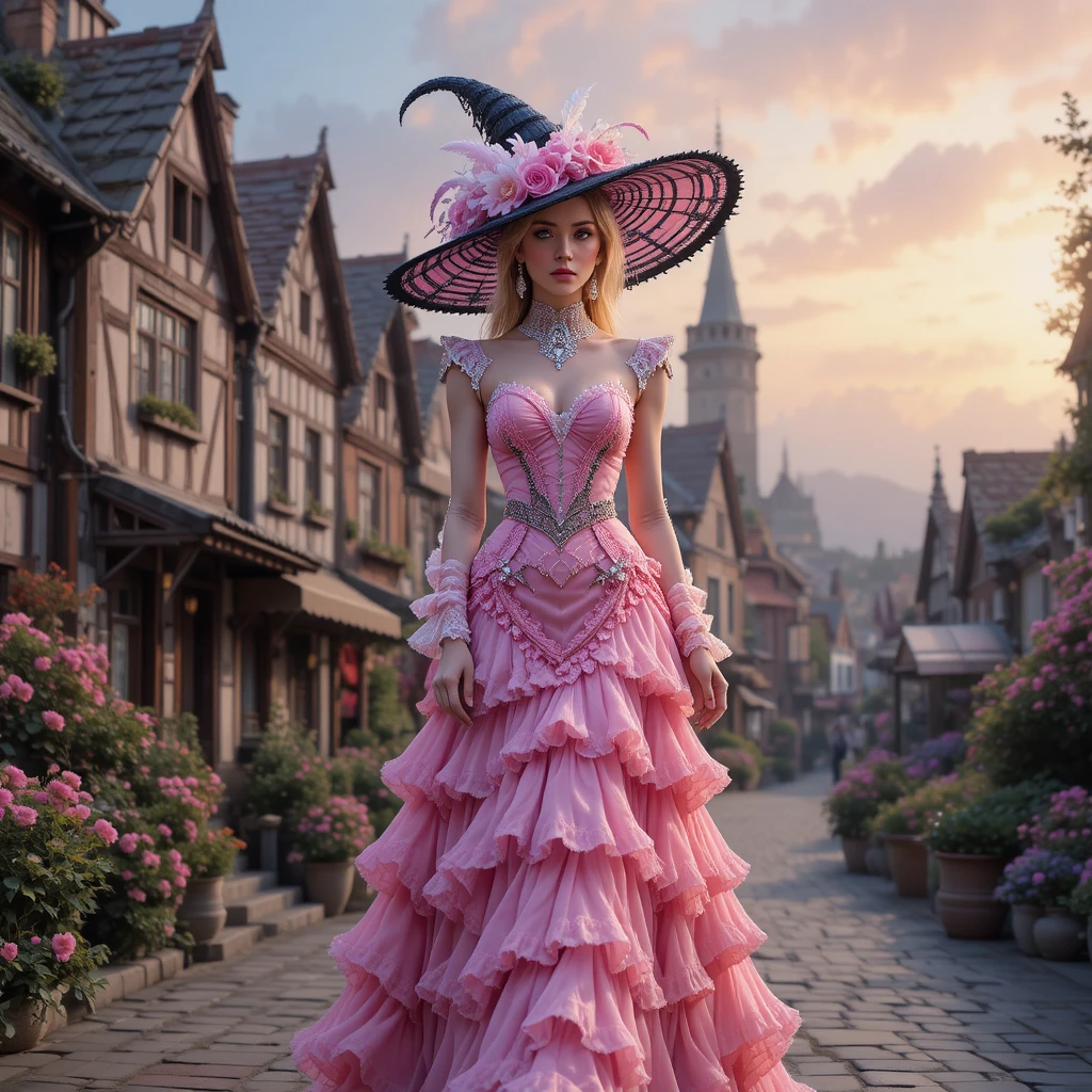 Elegant woman in pink gothic dress walking through colorful town