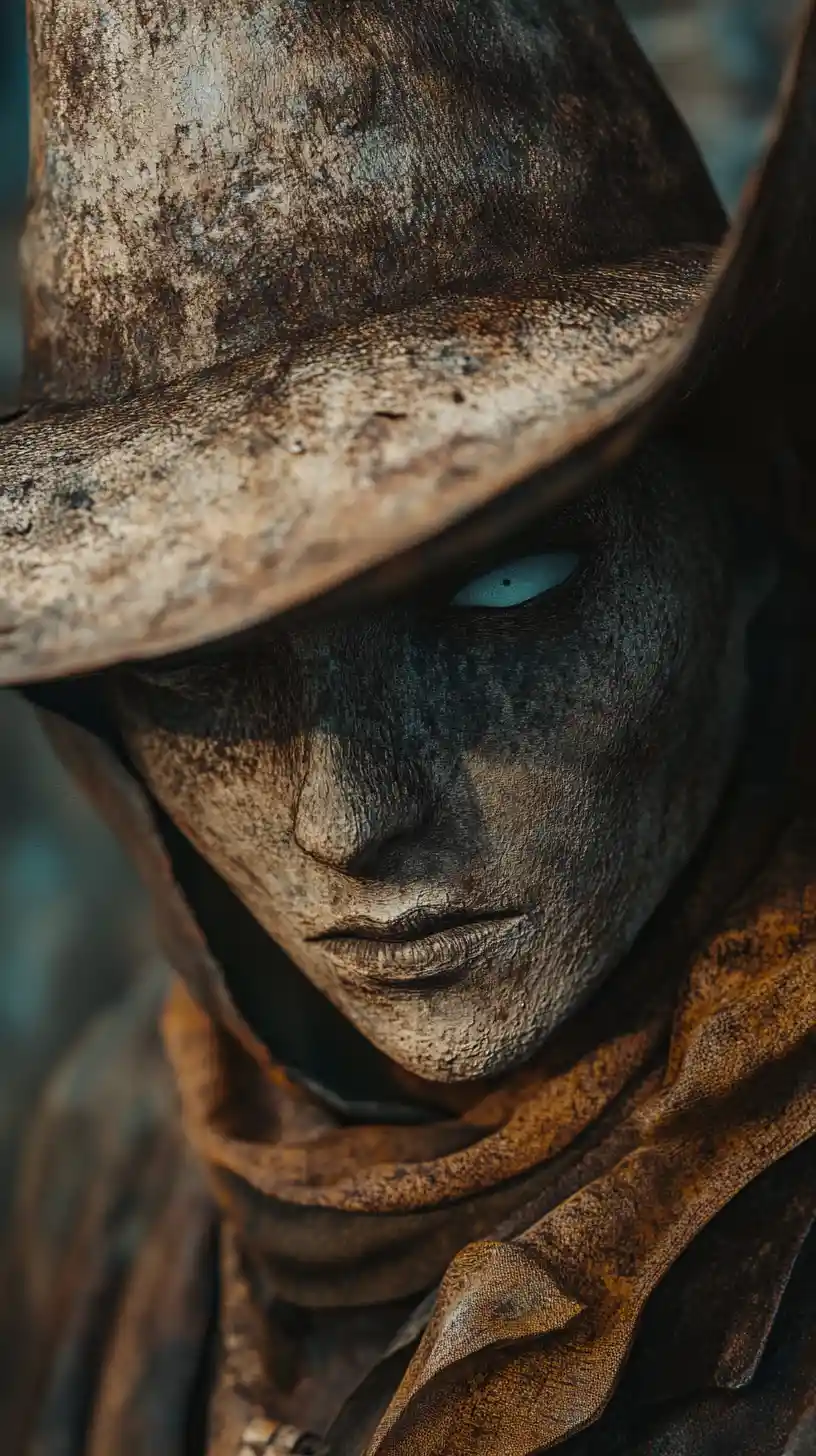 Nahaufnahme eines einsamen Anime-Cowboys in einer rustikalen Stadt