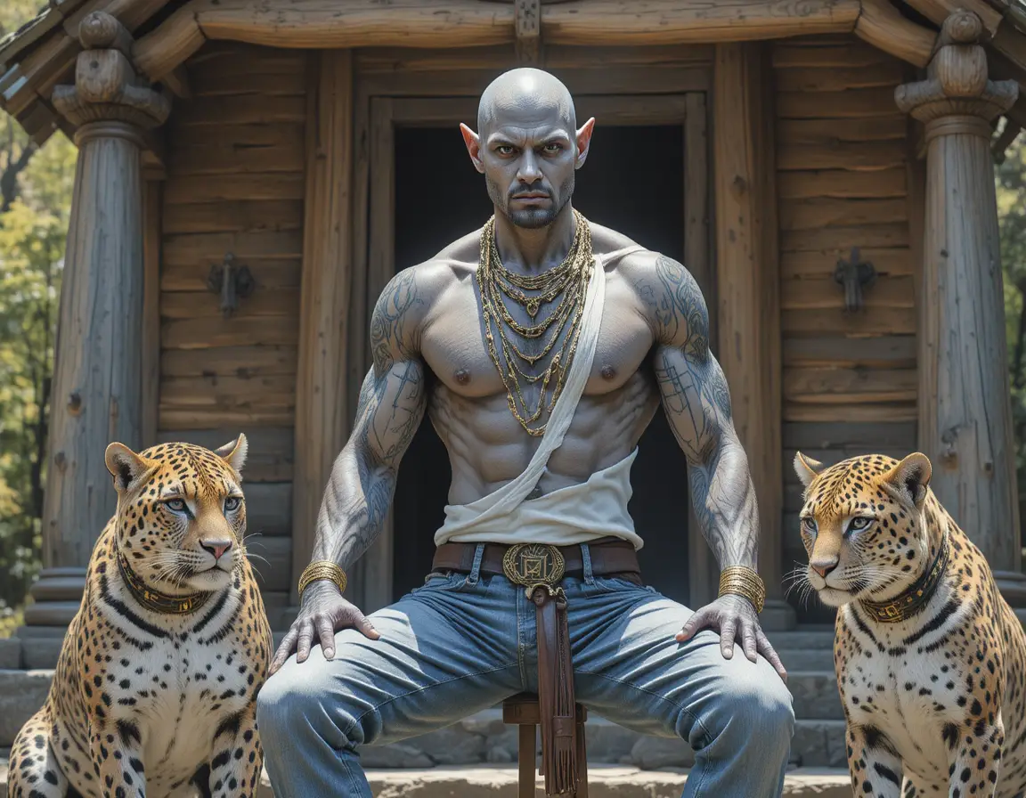 Menacing humanoid pig hybrid with leopards outside wooden house