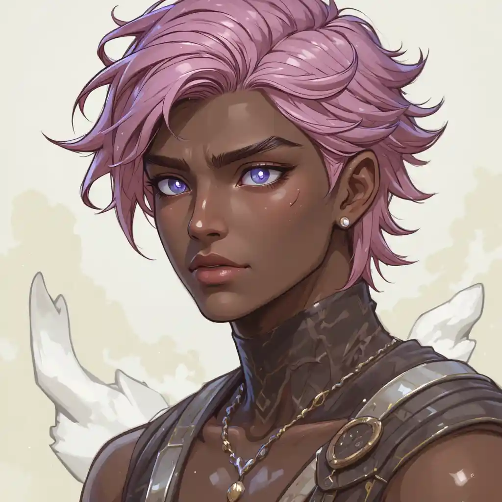 Brown skinned young god of love with pink hair