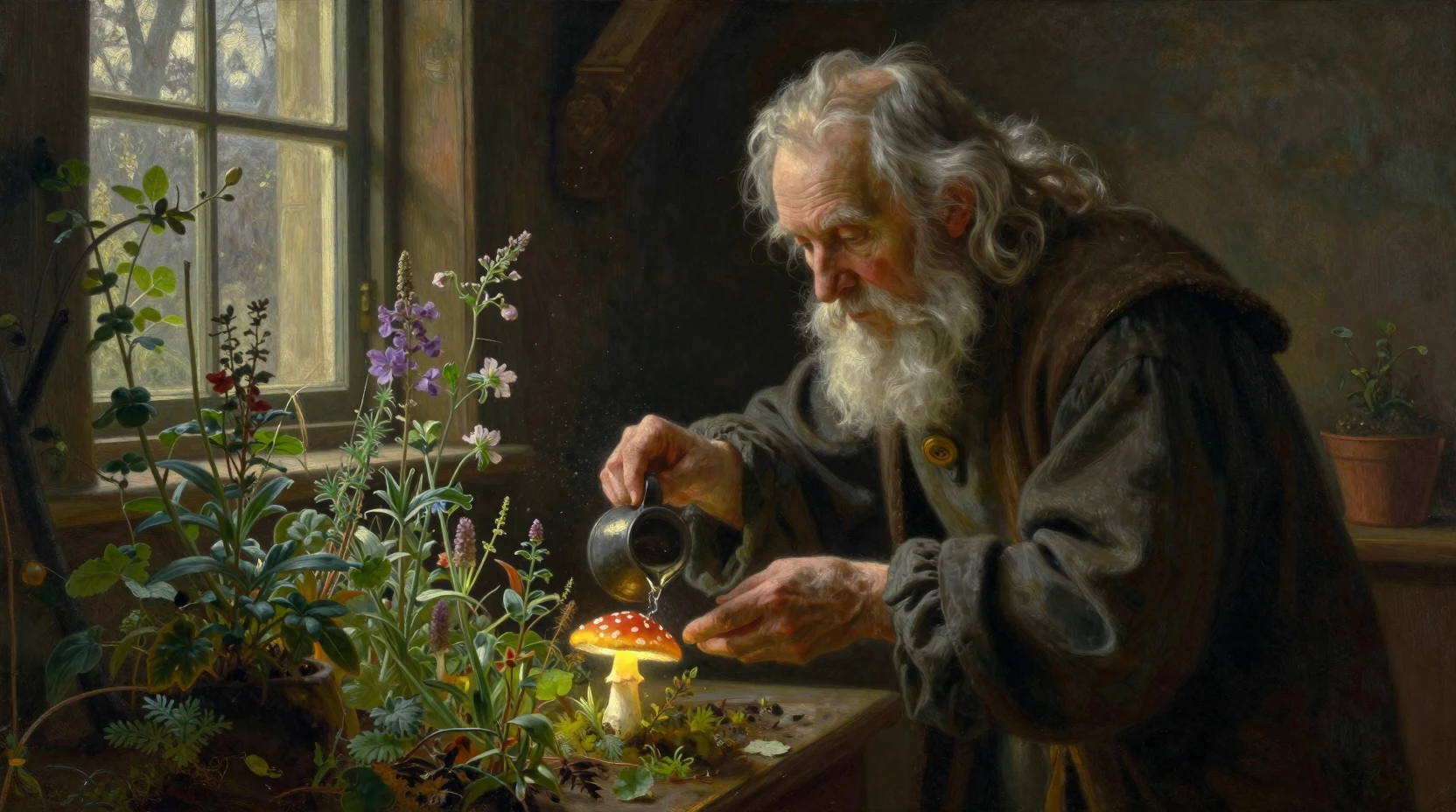 Old wizard tending a tiny magical garden in his study
