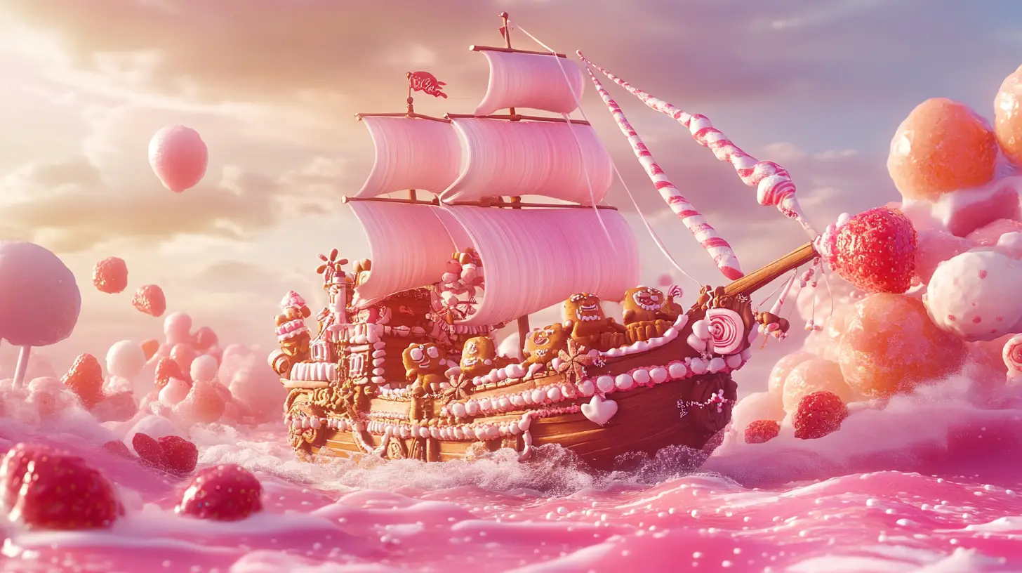 Whimsical Candy Pirate Ship Sailing Strawberry Milk Sea