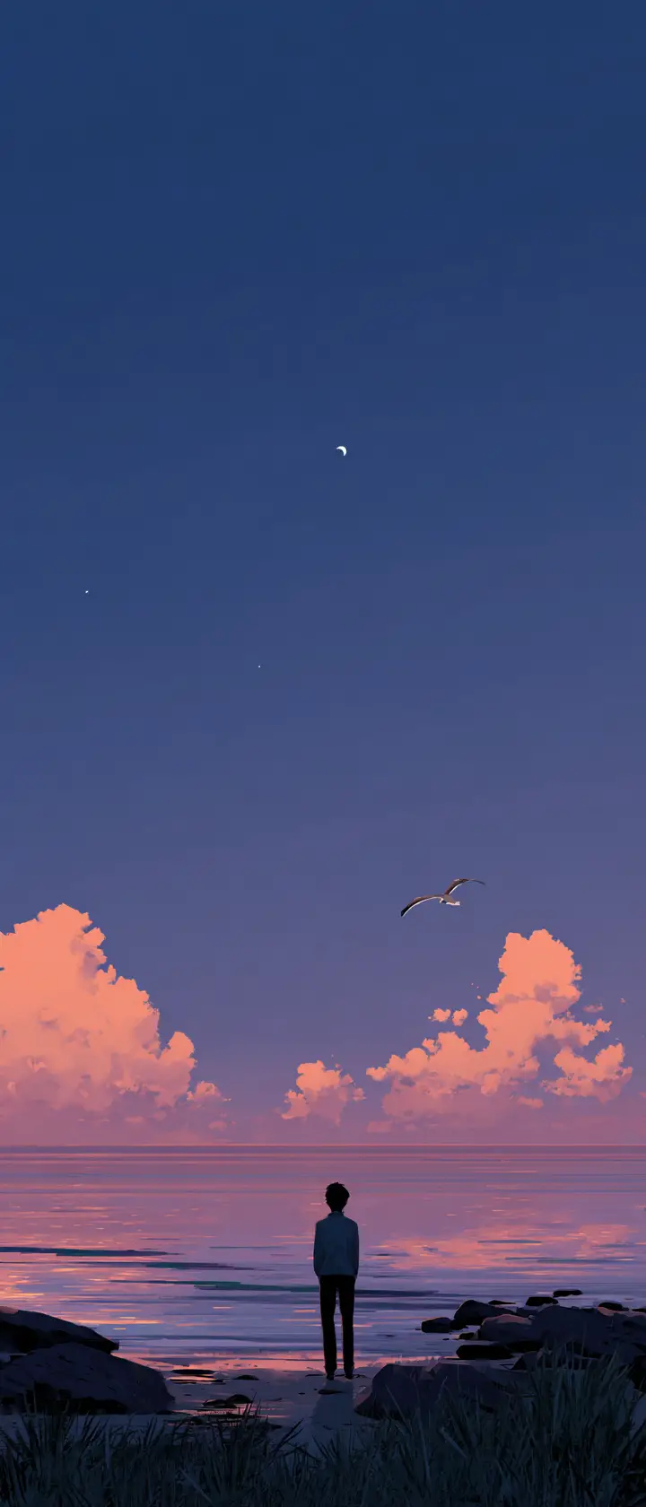 Solitary figure gazing over a calm sea at twilight