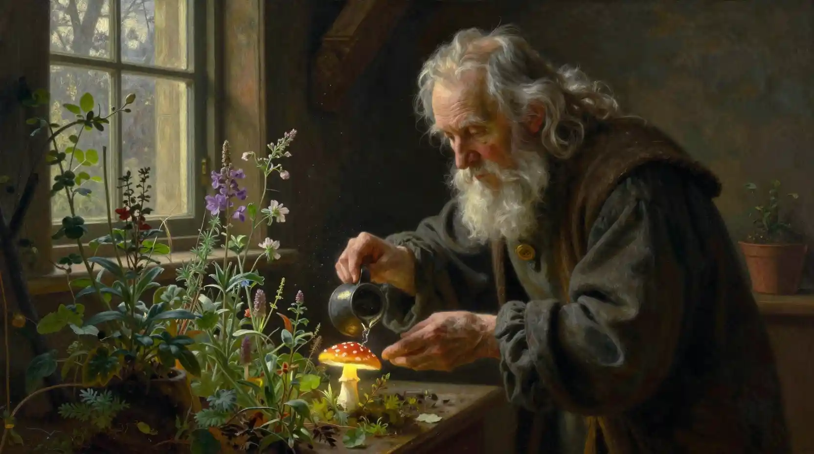 Old wizard tending a tiny magical garden in his study