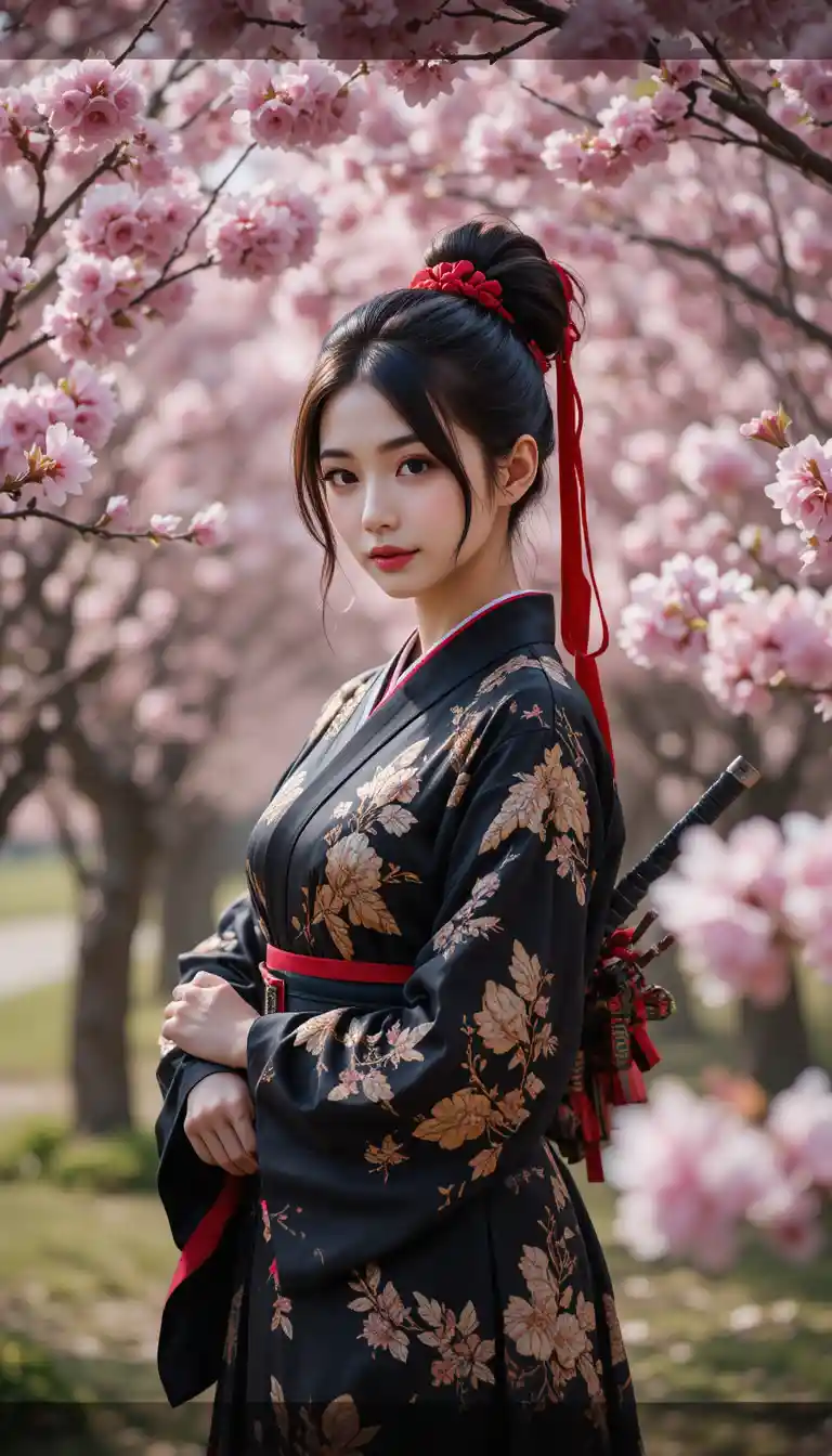 Samurai woman under blooming cherry blossom trees