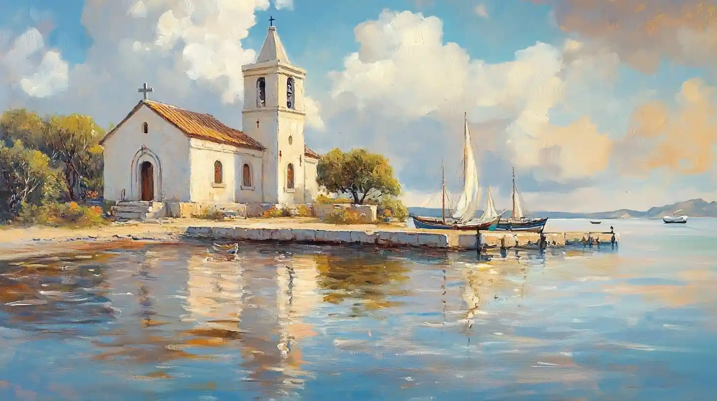 Ancient coastal church beside calm ocean inlet with boats