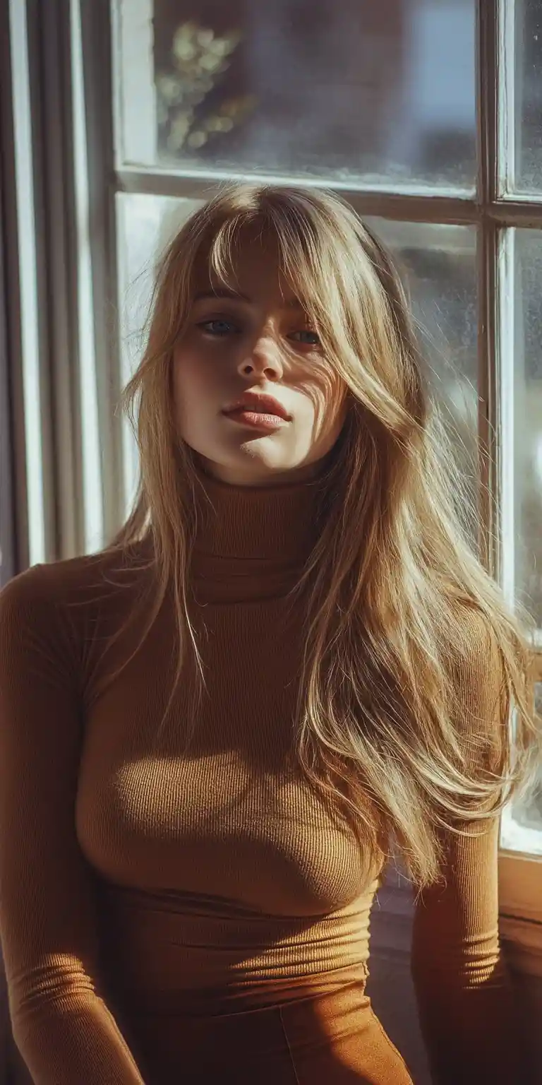 Glamorous blonde woman in turtleneck by sunny window