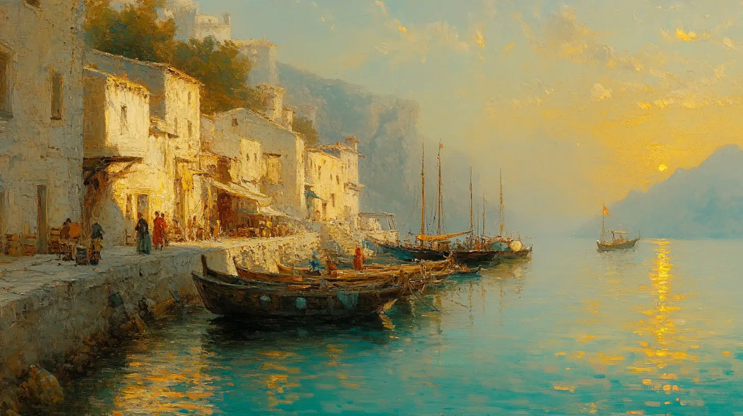 Golden coastal fishing village at serene Mediterranean sunset