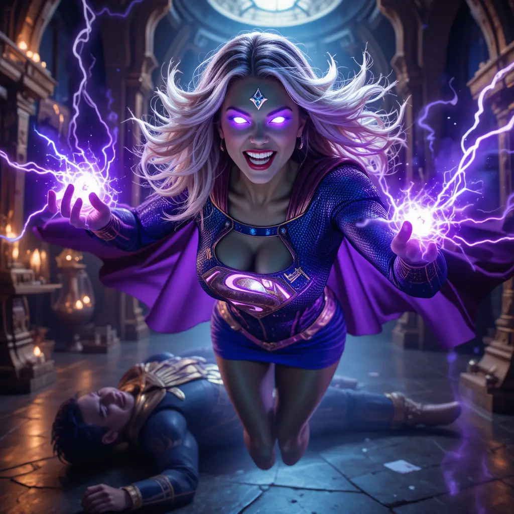 Potente superdonna dalla pelle verde con occhi viola luminosi