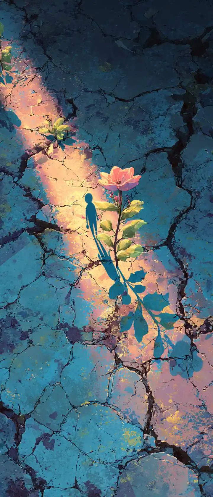 Glowing flower in cracked pavement with reaching shadow