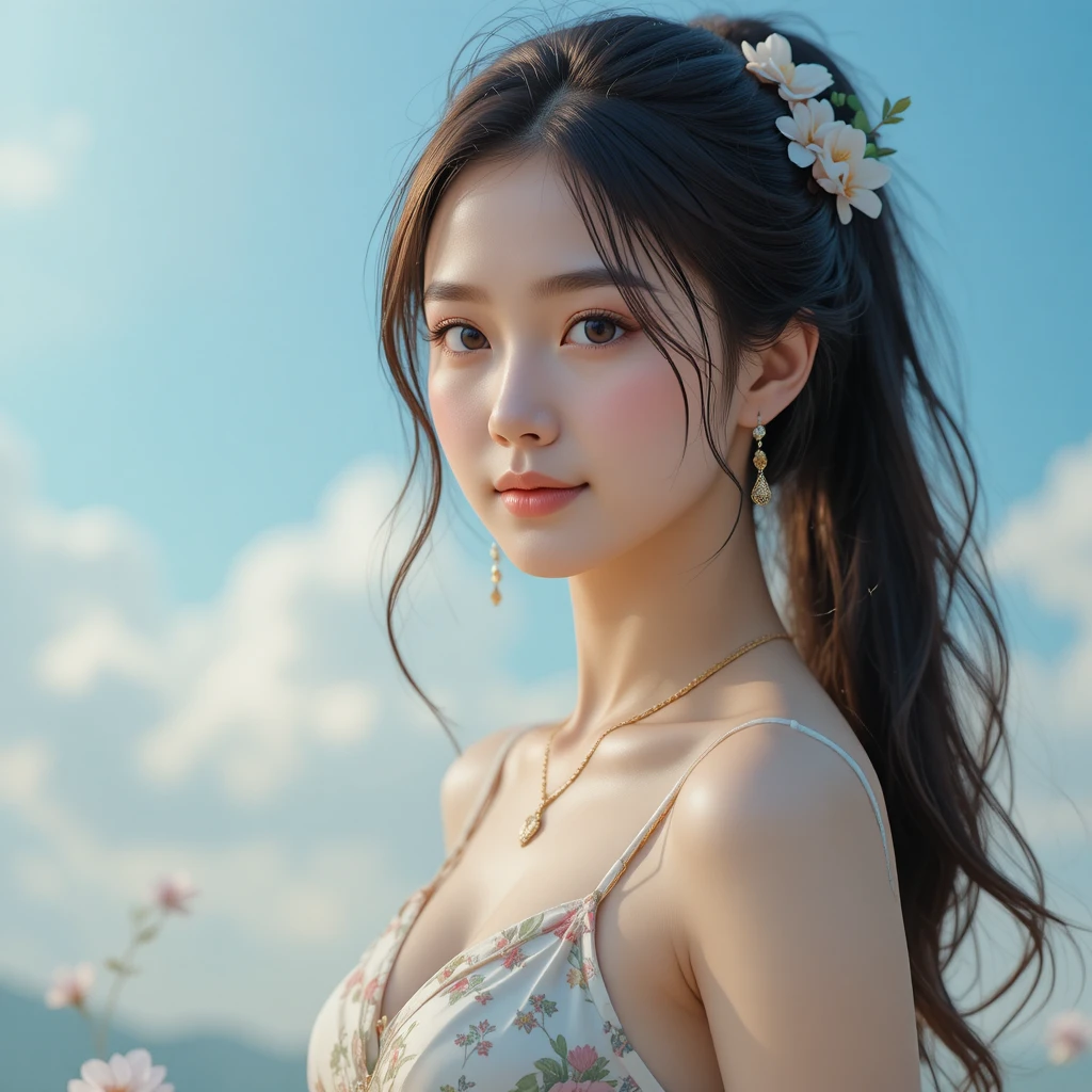 花卉洋裝年輕亞洲女子，柔和天空背景