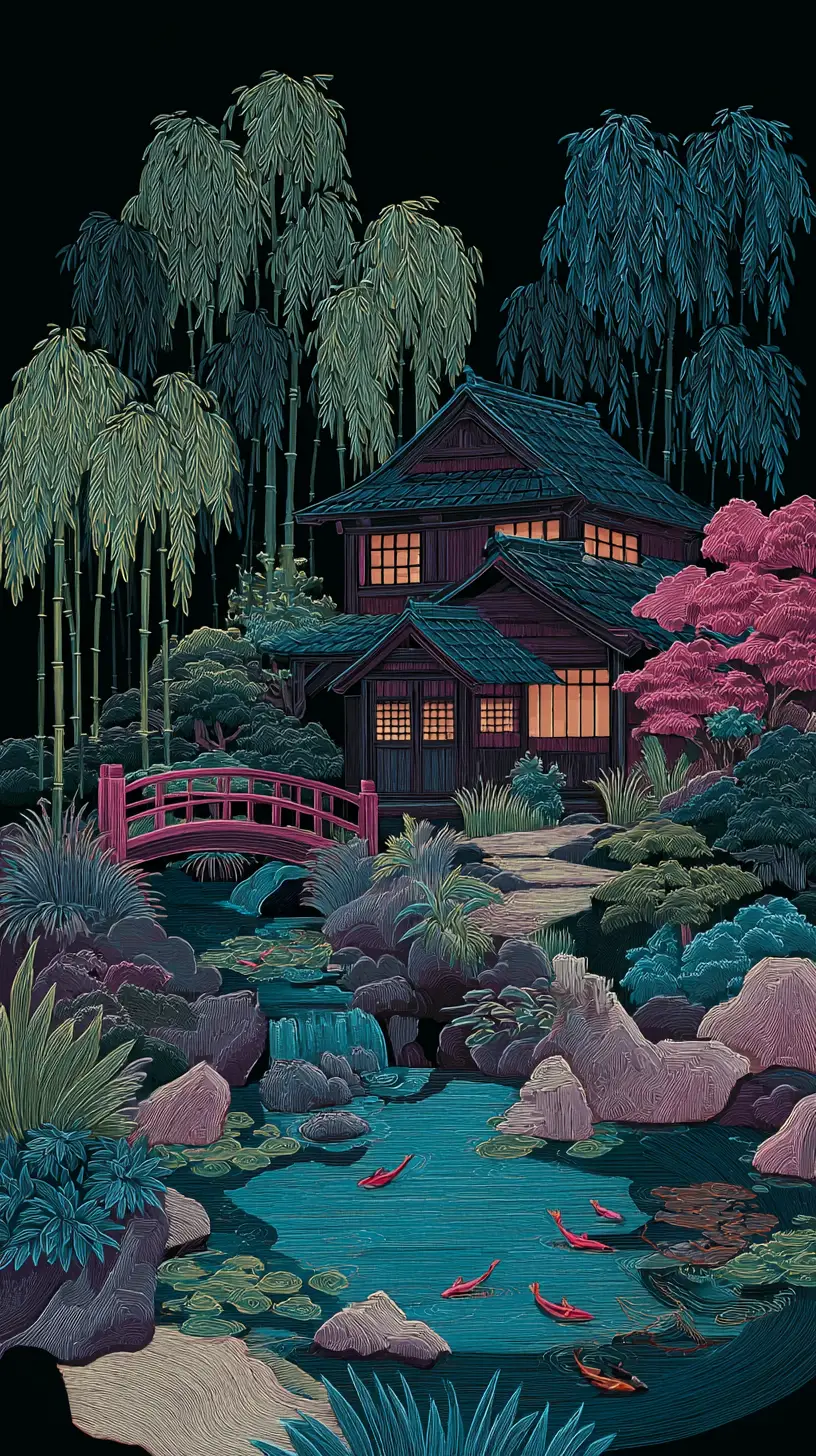 Japanese house with koi ponds in layered papercut art