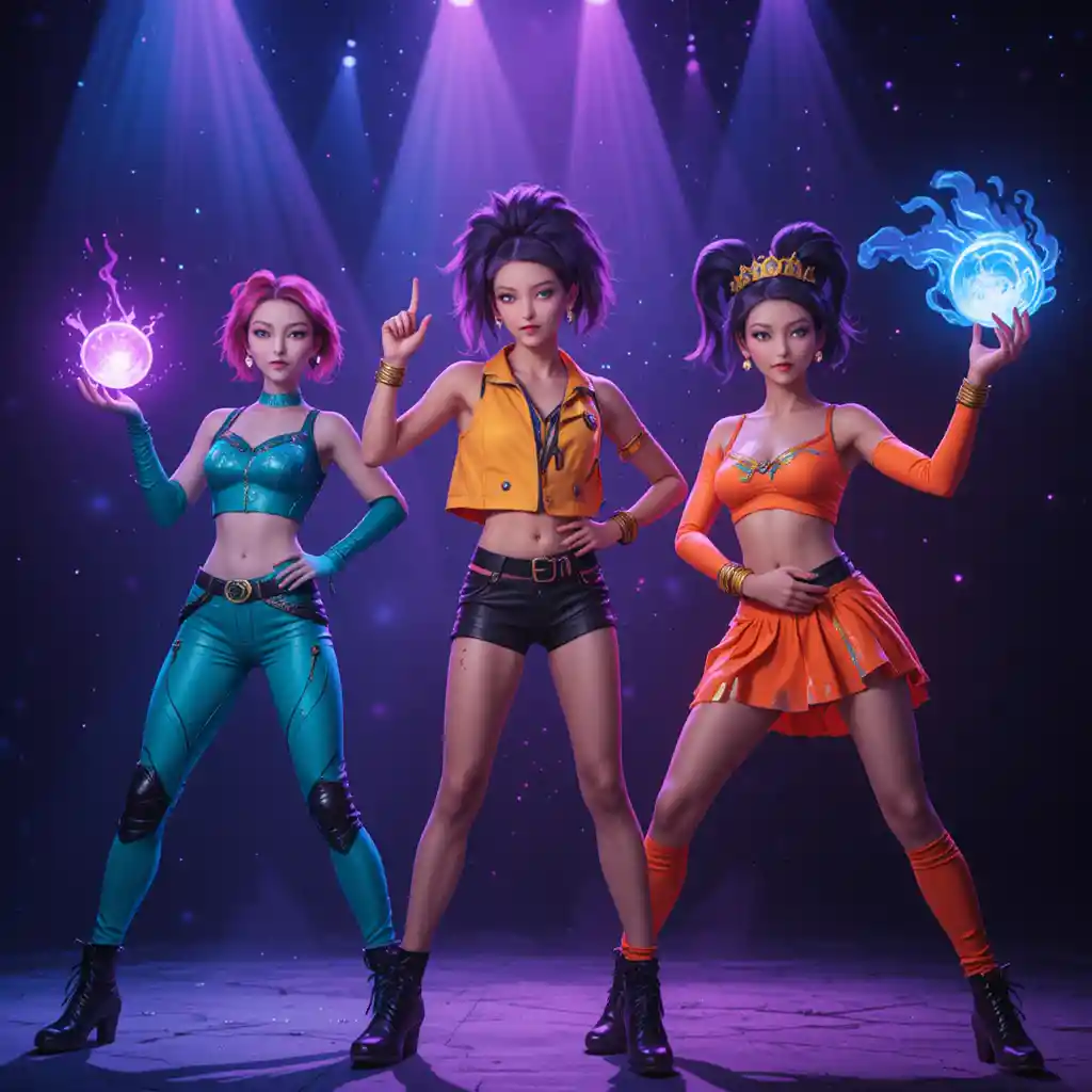 Three energetic heroines posing under neon stage lights
