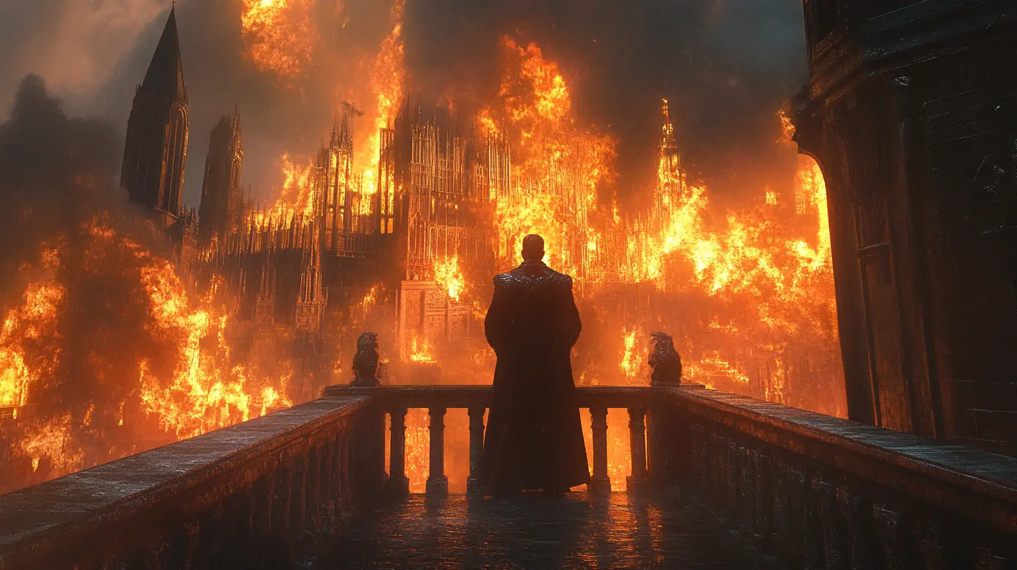 King on castle balcony before a massive blazing fire