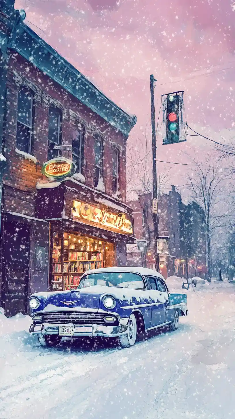 Snowy street at dusk with vintage car and bookstore