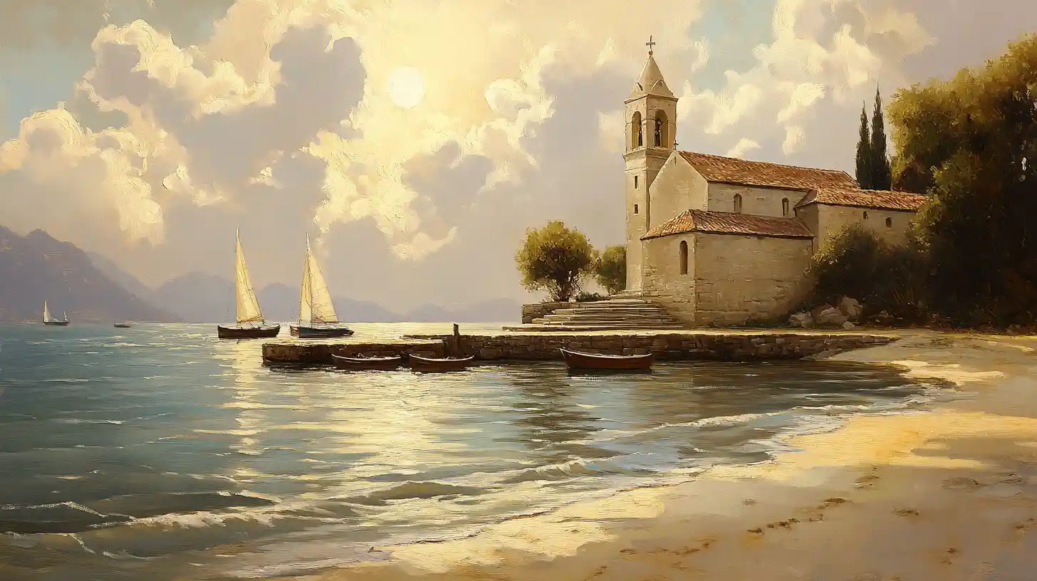 Ancient Church By The Ocean With Boats And Reflections