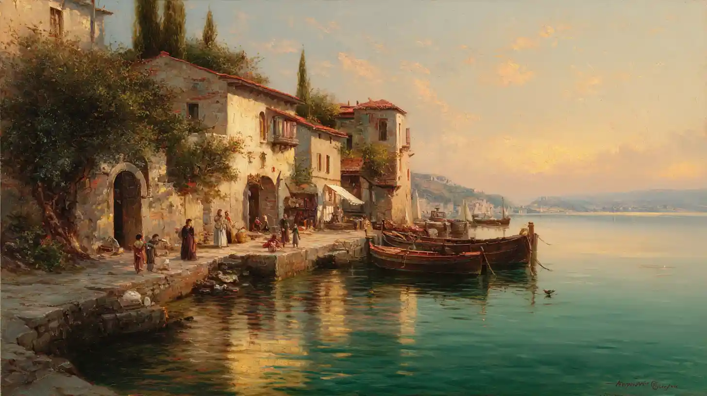 Golden sunset over an ancient Mediterranean fishing village